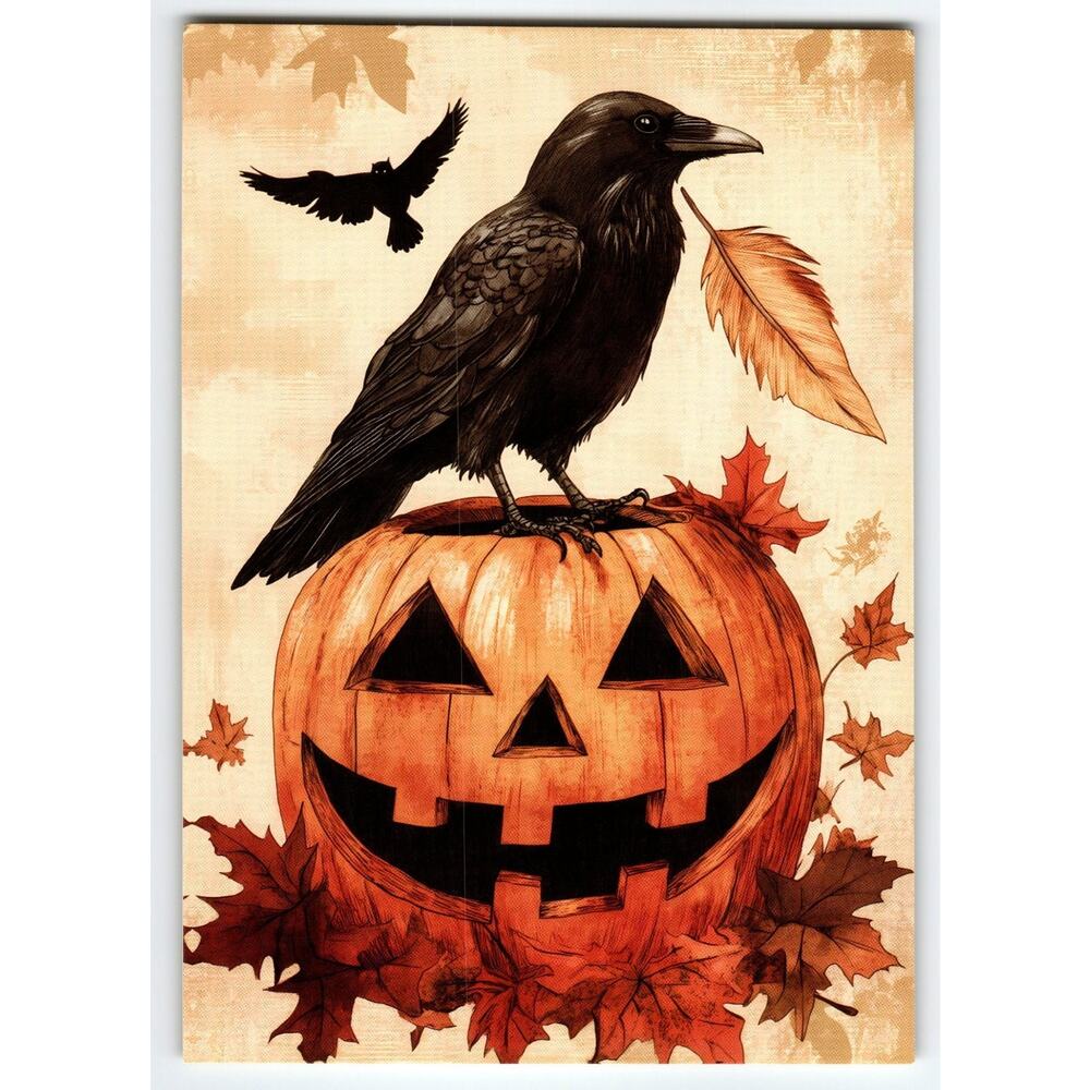 Vintage Halloween Photochrome Postcard Raven on Jack O'Lantern 5.5x4"